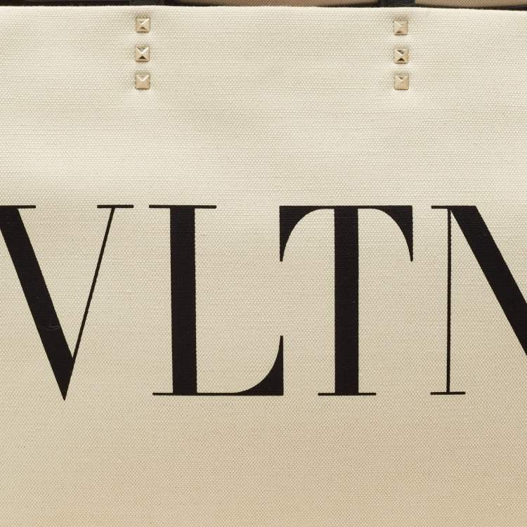 Pre Owned Valentino Off-White/Black Canvas Large VLTN Logo Tote