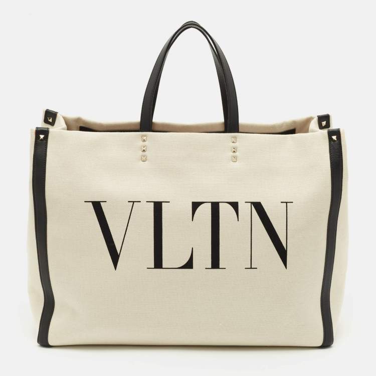 Pre Owned Valentino Off-White/Black Canvas Large VLTN Logo Tote