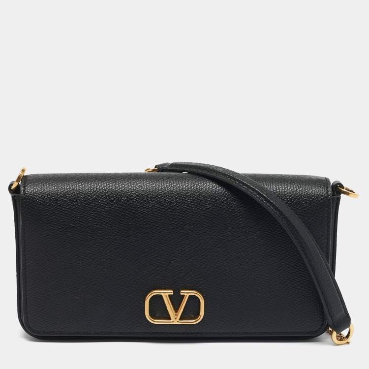 Pre Owned Valentino Black Leather VLogo Chain Clutch