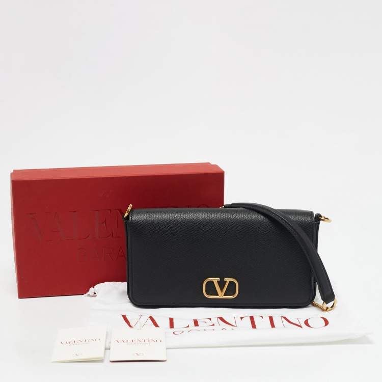 Pre Owned Valentino Black Leather VLogo Chain Clutch