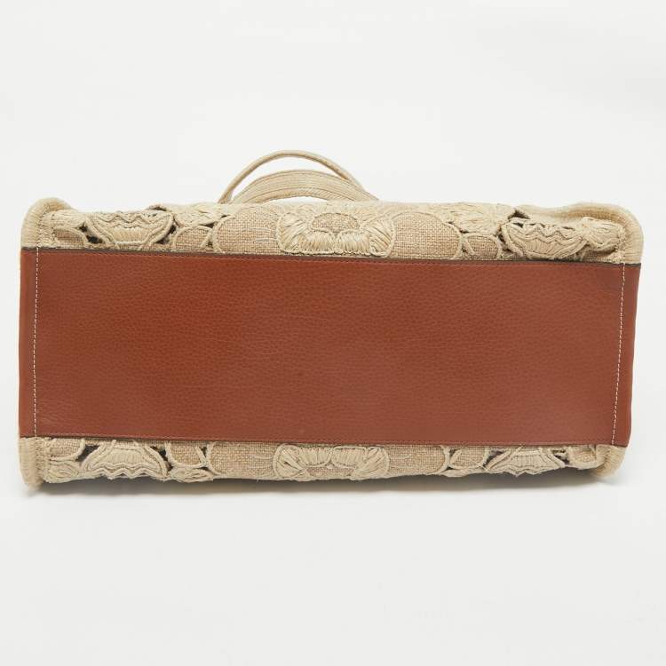 Pre Owned Valentino Beige Canvas and Raffia Medium Resort Flower Tote