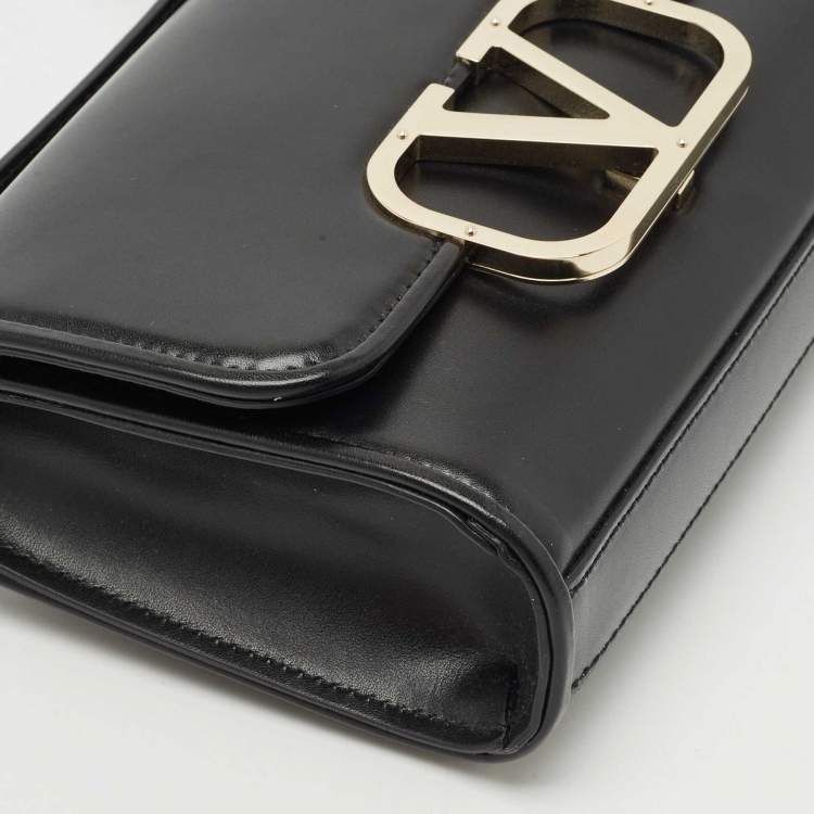 Pre Owned Valentino Black Leather VLogo Flap Crossbody Bag