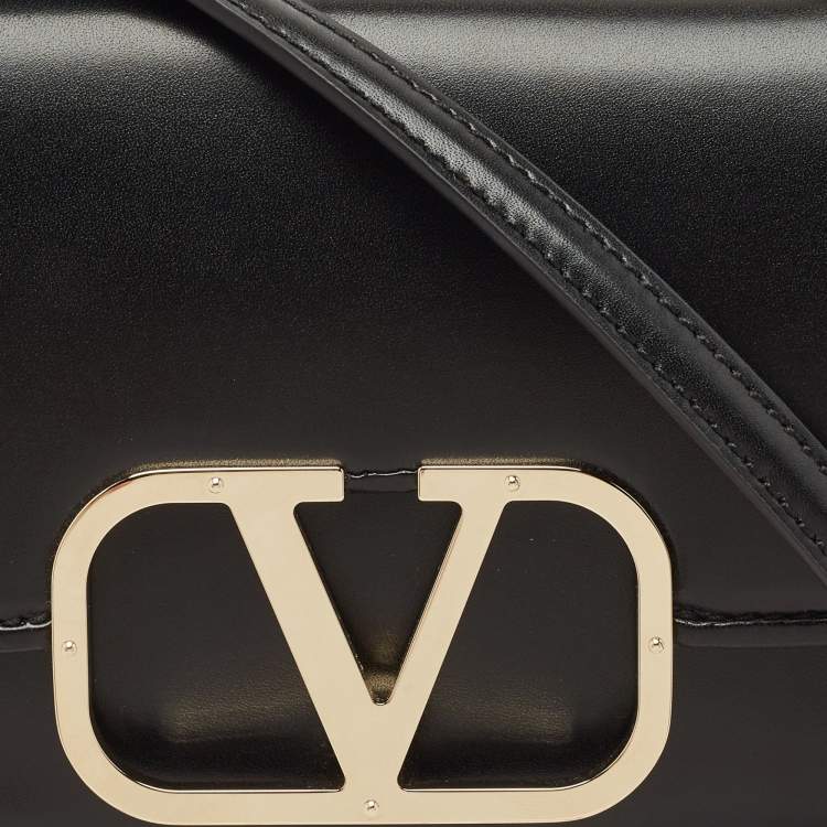 Pre Owned Valentino Black Leather VLogo Flap Crossbody Bag