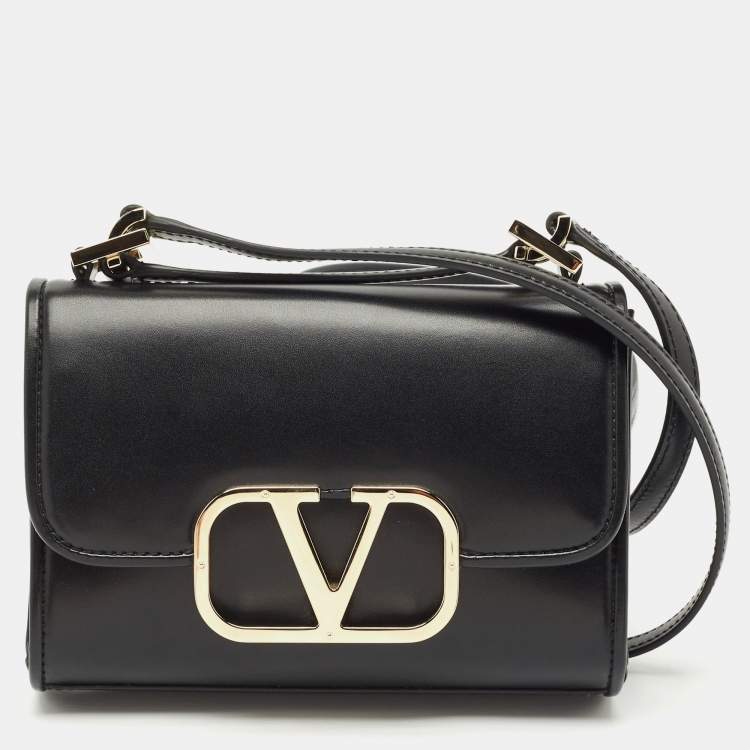 Pre Owned Valentino Black Leather VLogo Flap Crossbody Bag