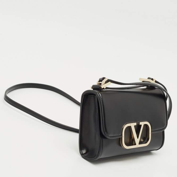 Pre Owned Valentino Black Leather VLogo Flap Crossbody Bag