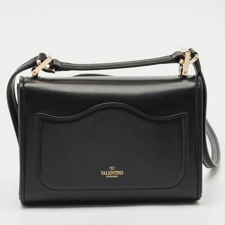 Pre Owned Valentino Black Leather VLogo Flap Crossbody Bag