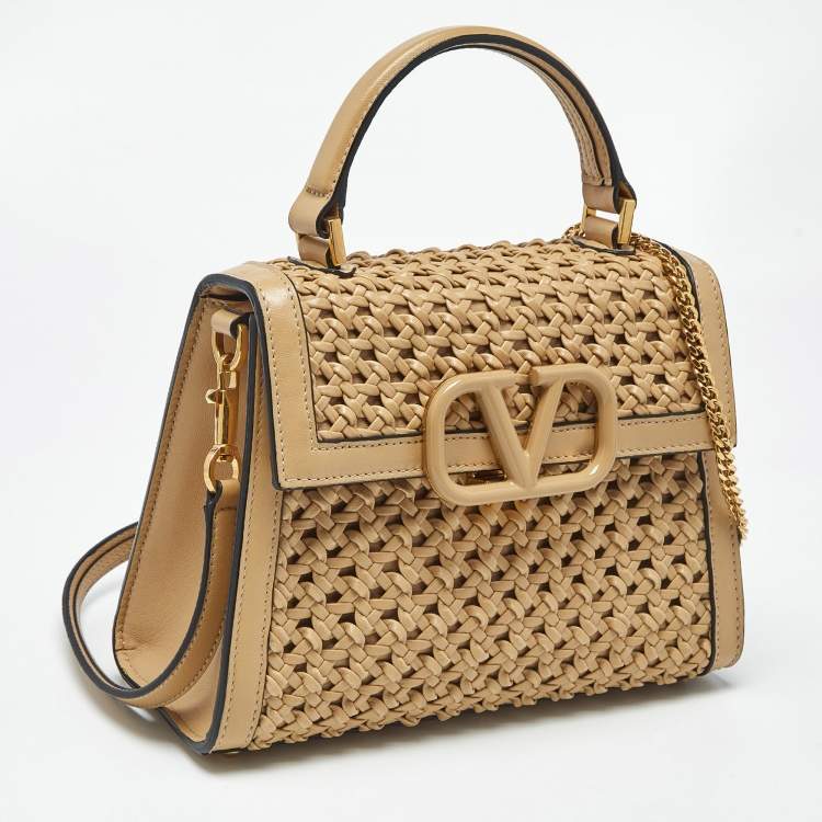 Pre Owned Valentino Beige Woven Leather Small VSling Top Handle Bag
