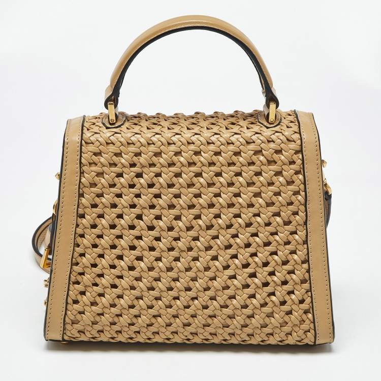 Pre Owned Valentino Beige Woven Leather Small VSling Top Handle Bag