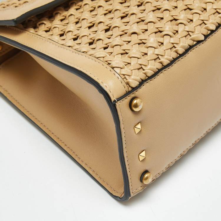 Pre Owned Valentino Beige Woven Leather Small VSling Top Handle Bag