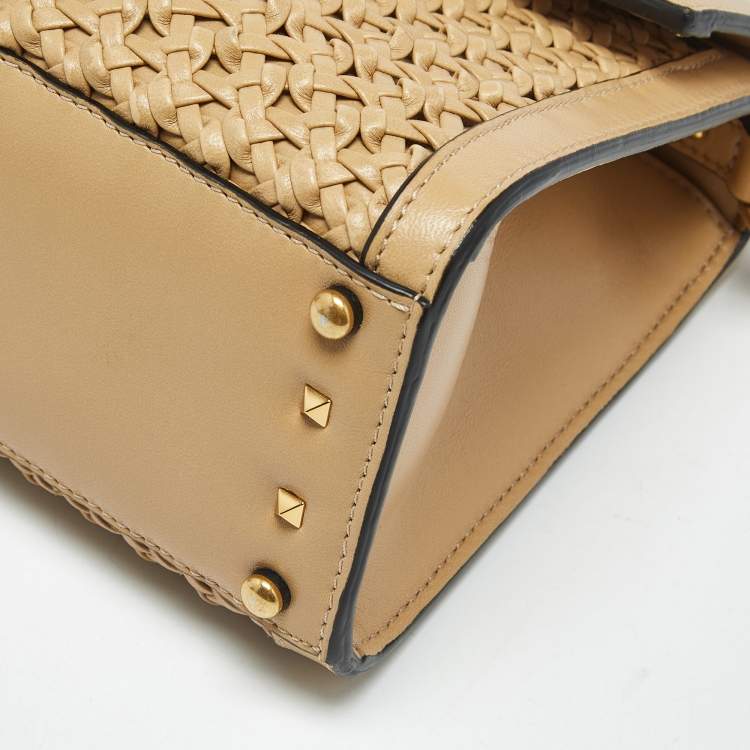 Pre Owned Valentino Beige Woven Leather Small VSling Top Handle Bag