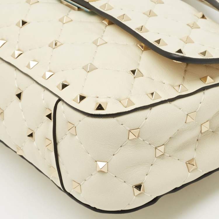 Pre Owned Valentino Ivory Leather Small Rockstud Spike Top Handle Bag