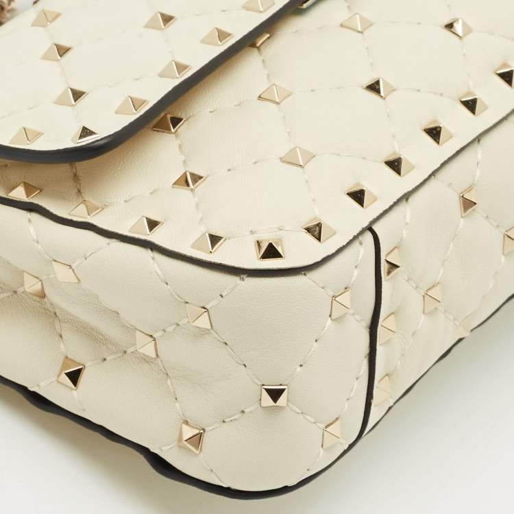 Pre Owned Valentino Ivory Leather Small Rockstud Spike Top Handle Bag