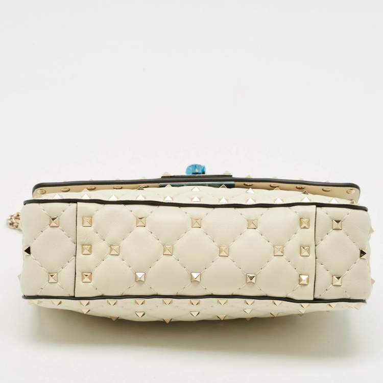 Pre Owned Valentino Ivory Leather Small Rockstud Spike Top Handle Bag