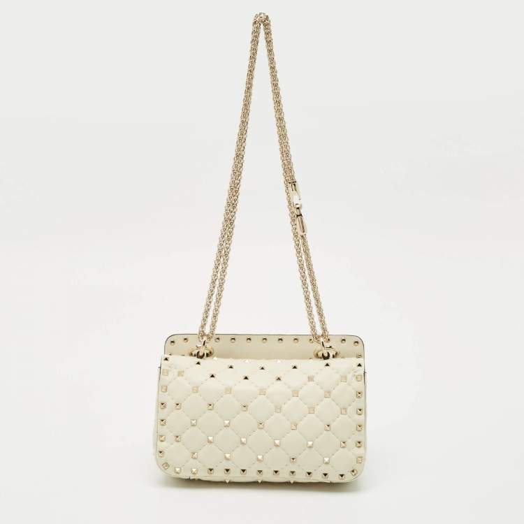Pre Owned Valentino Ivory Leather Small Rockstud Spike Top Handle Bag