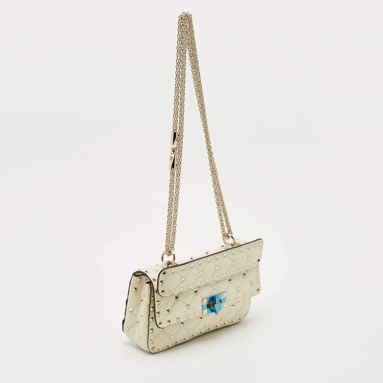 Pre Owned Valentino Ivory Leather Small Rockstud Spike Top Handle Bag