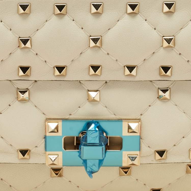 Pre Owned Valentino Ivory Leather Small Rockstud Spike Top Handle Bag
