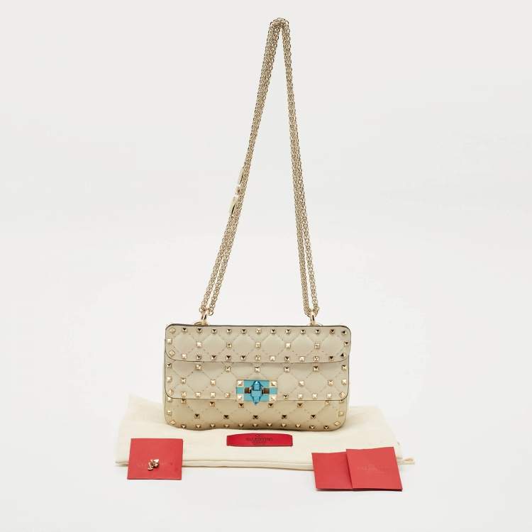 Pre Owned Valentino Ivory Leather Small Rockstud Spike Top Handle Bag