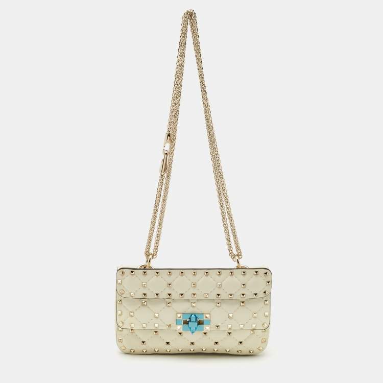 Pre Owned Valentino Ivory Leather Small Rockstud Spike Top Handle Bag