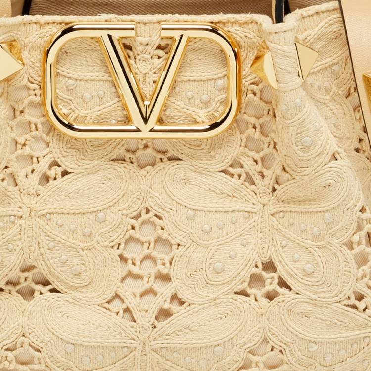 Pre Owned Valentino Natural Butterfly Effect Raffia Small VLogo Tote