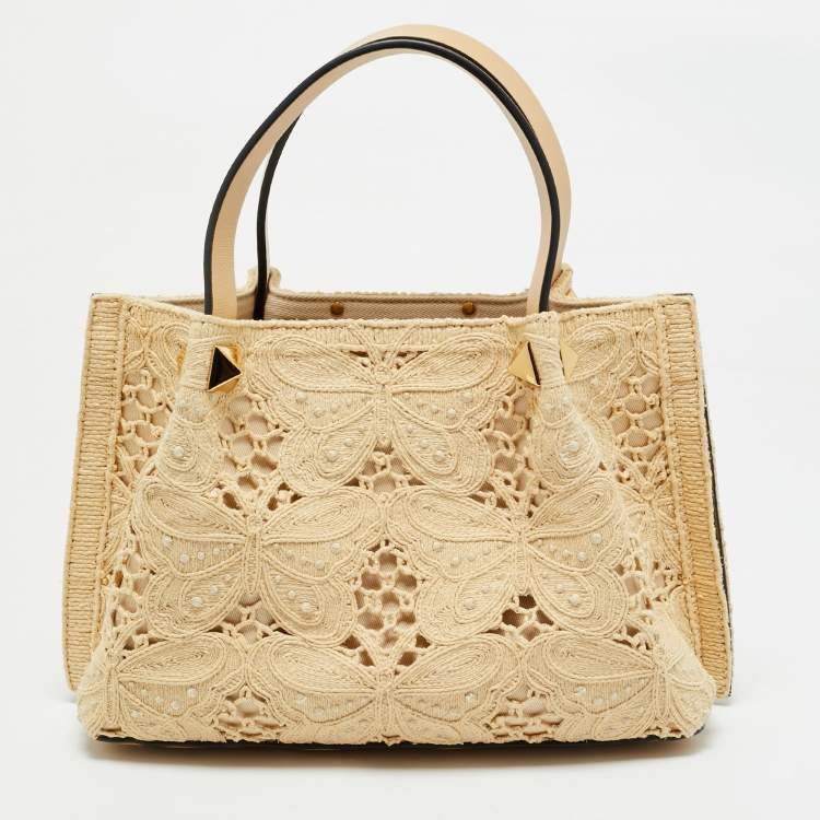 Pre Owned Valentino Natural Butterfly Effect Raffia Small VLogo Tote