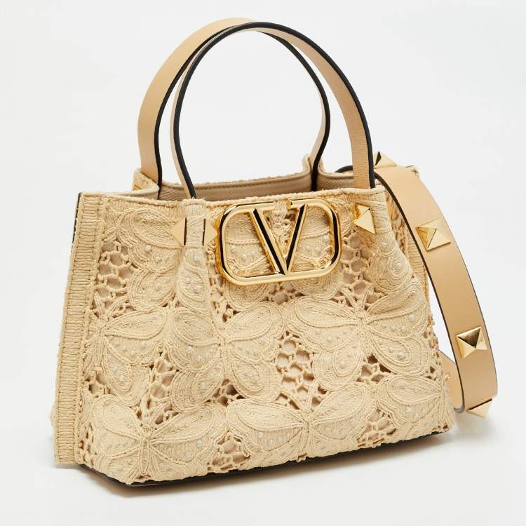 Pre Owned Valentino Natural Butterfly Effect Raffia Small VLogo Tote