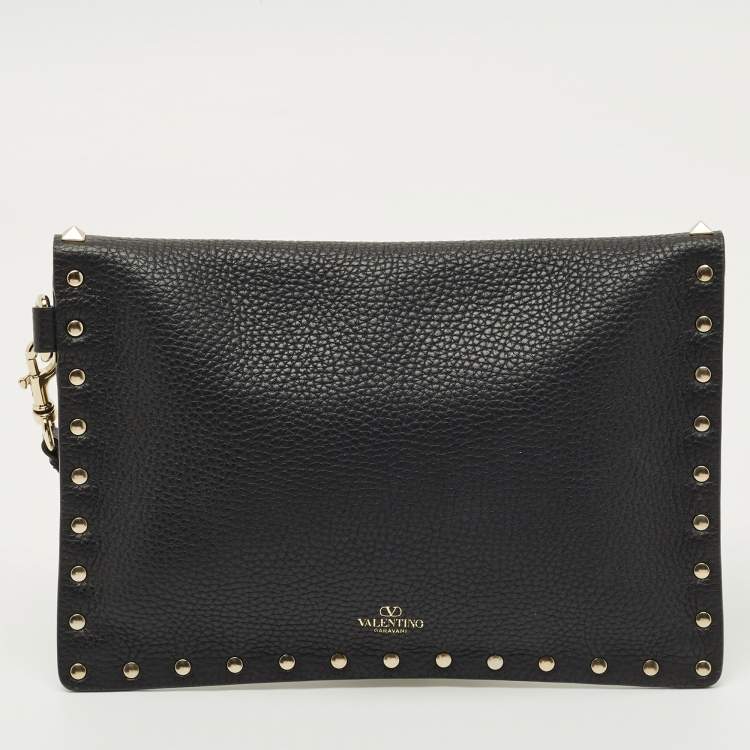 Pre Owned Valentino Black Leather Rockstud Wristlet Slim Pouch