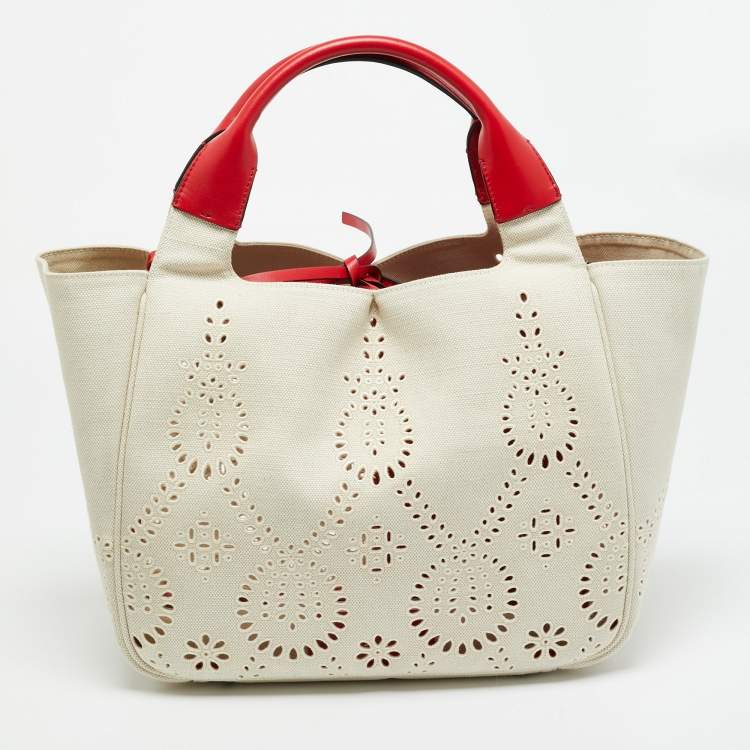 Pre Owned Valentino 08 San Gallo Edition Atelier Medium Natural/Red Canvas Tote