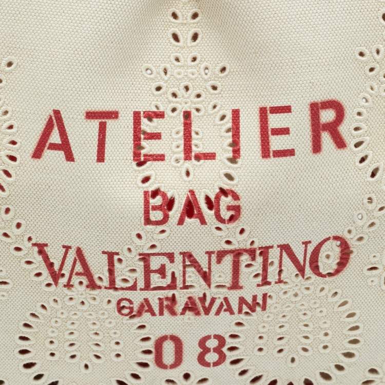 Pre Owned Valentino 08 San Gallo Edition Atelier Medium Natural/Red Canvas Tote