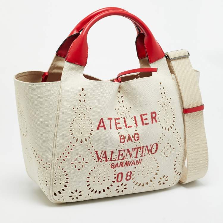 Pre Owned Valentino 08 San Gallo Edition Atelier Medium Natural/Red Canvas Tote