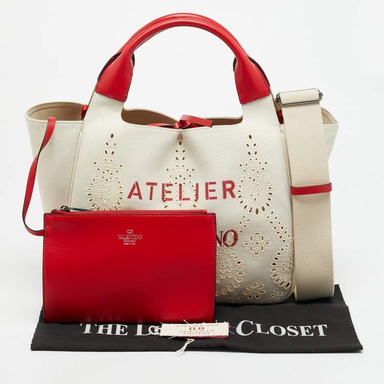 Pre Owned Valentino 08 San Gallo Edition Atelier Medium Natural/Red Canvas Tote