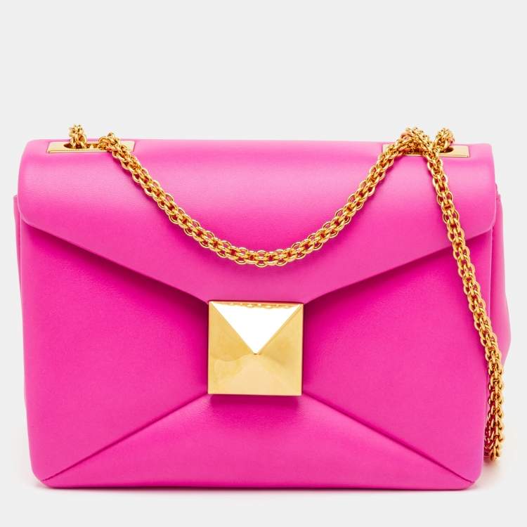 Pre Owned Valentino One Stud Fuchsia Pink Leather Chain Shoulder Bag