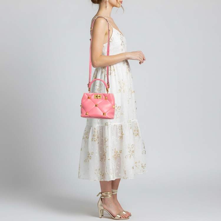 Pre Owned Valentino Roman Stud  Small Pink Quilted Leather Top Handle Bag