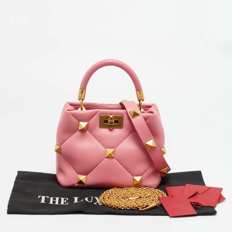 Pre Owned Valentino Roman Stud  Small Pink Quilted Leather Top Handle Bag