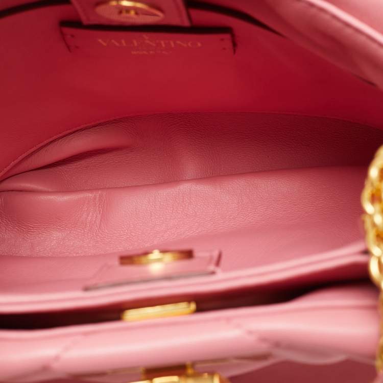 Pre Owned Valentino Roman Stud  Small Pink Quilted Leather Top Handle Bag