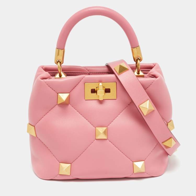 Pre Owned Valentino Roman Stud  Small Pink Quilted Leather Top Handle Bag