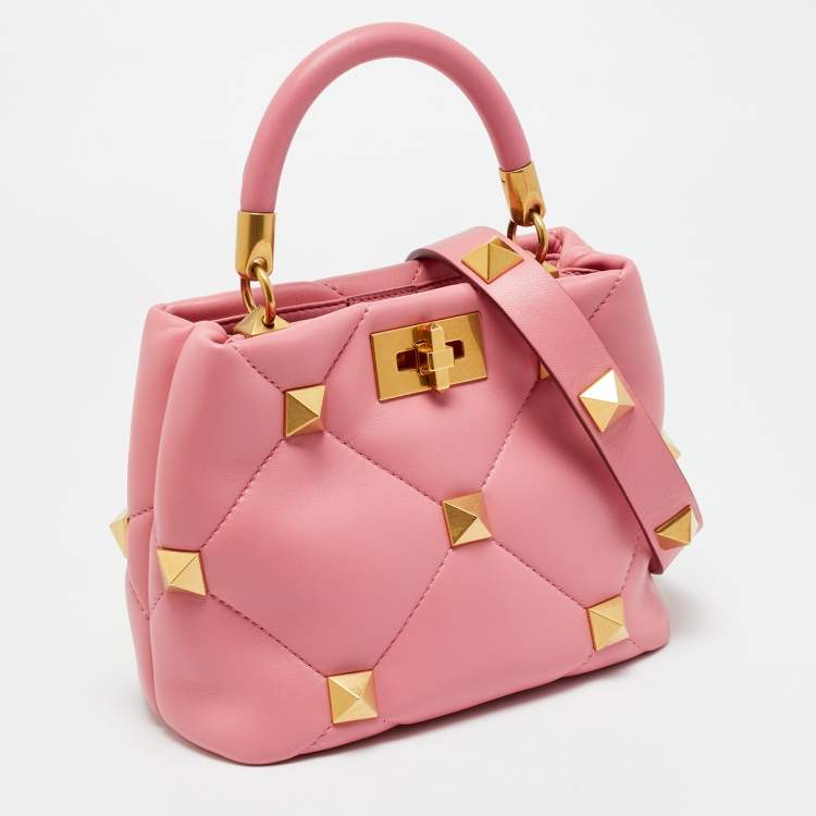 Pre Owned Valentino Roman Stud  Small Pink Quilted Leather Top Handle Bag