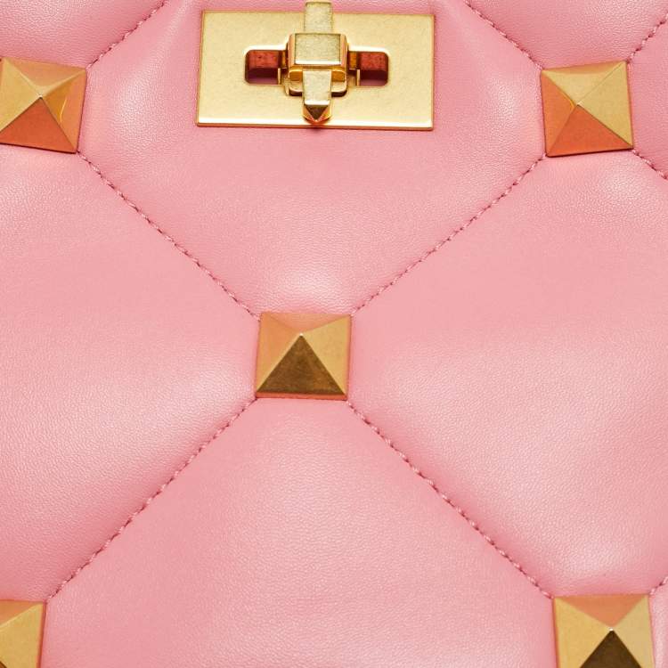 Pre Owned Valentino Roman Stud  Small Pink Quilted Leather Top Handle Bag