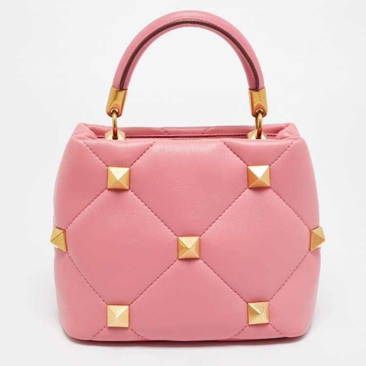 Pre Owned Valentino Roman Stud  Small Pink Quilted Leather Top Handle Bag