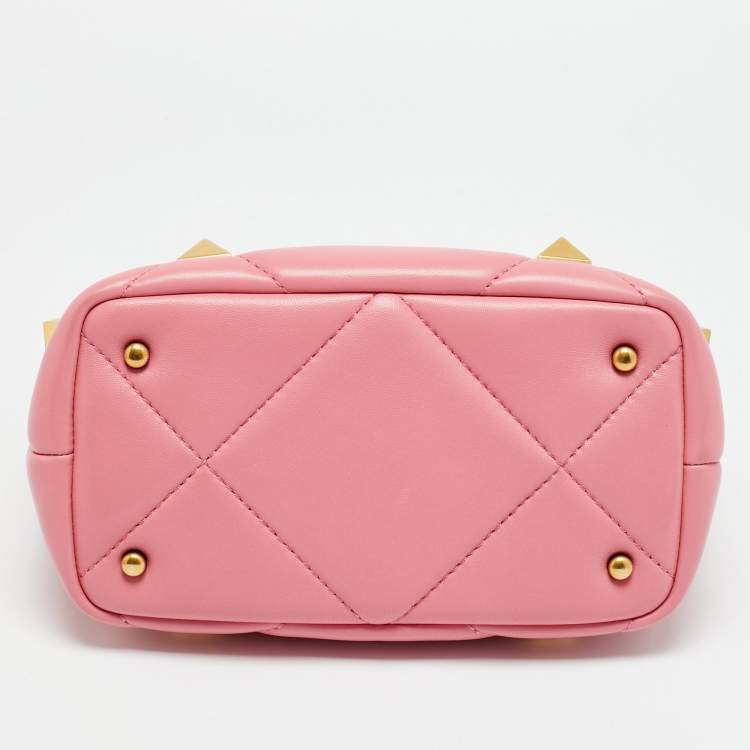 Pre Owned Valentino Roman Stud  Small Pink Quilted Leather Top Handle Bag