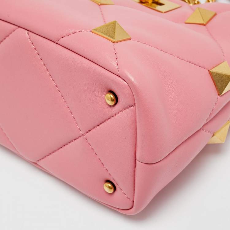 Pre Owned Valentino Roman Stud  Small Pink Quilted Leather Top Handle Bag