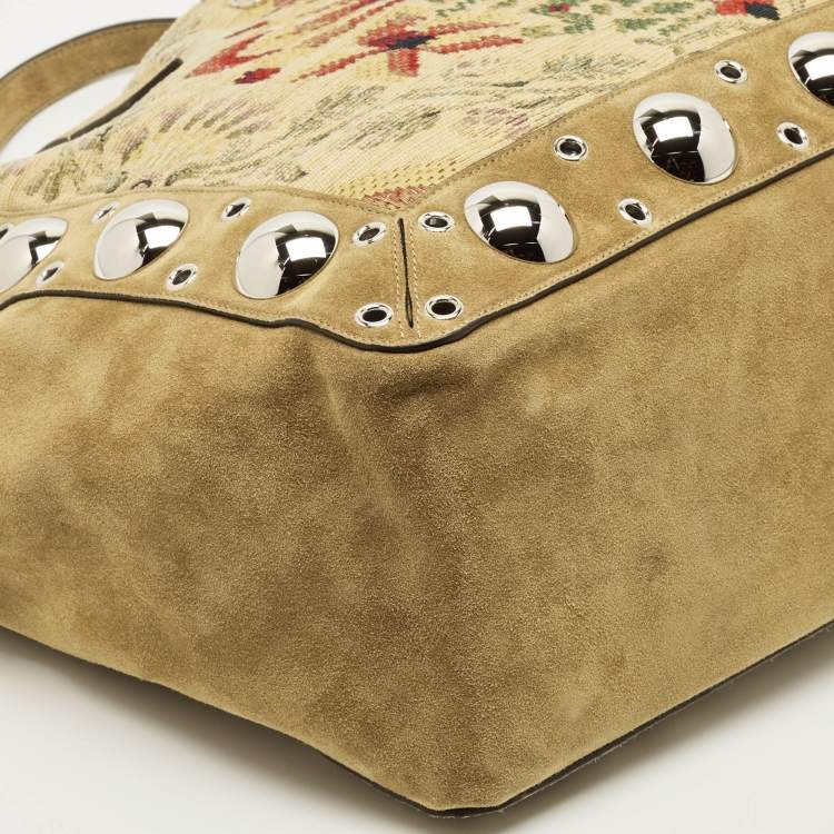 Pre Owned Valentino Embroidered Nellcôte Olive Green Fabric and Suede Tote