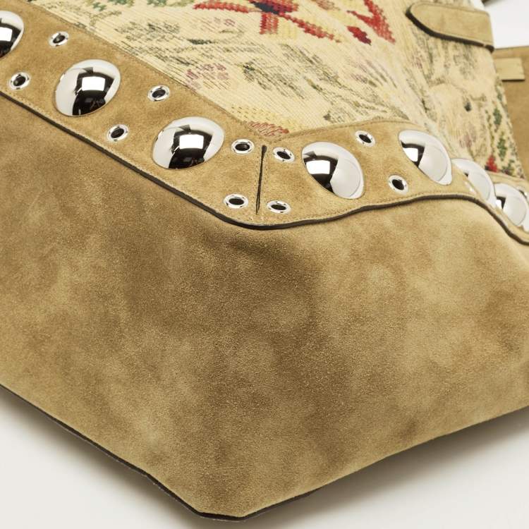Pre Owned Valentino Embroidered Nellcôte Olive Green Fabric and Suede Tote
