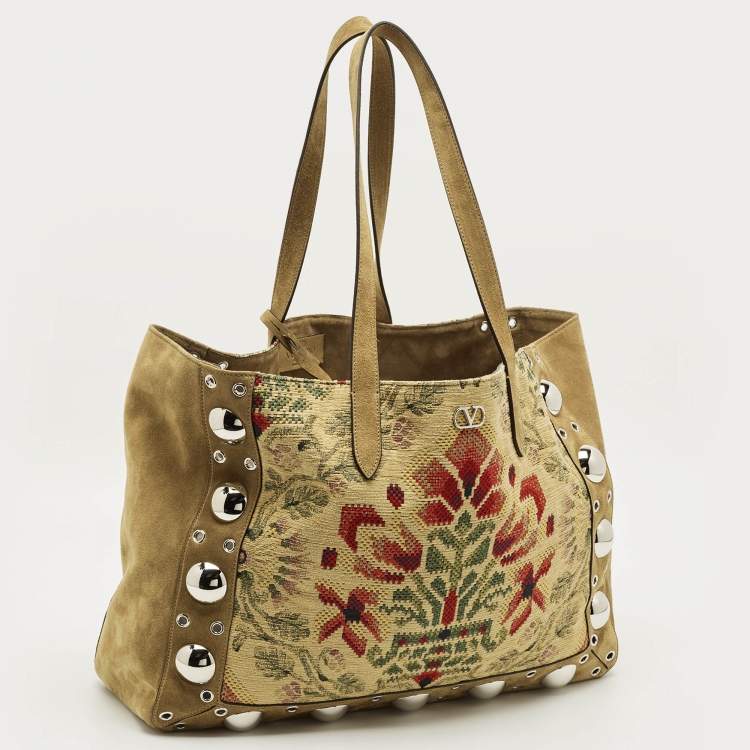 Pre Owned Valentino Embroidered Nellcôte Olive Green Fabric and Suede Tote