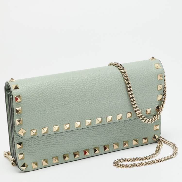 Pre Owned Valentino Rockstud Light Green Leather Wallet On Chain