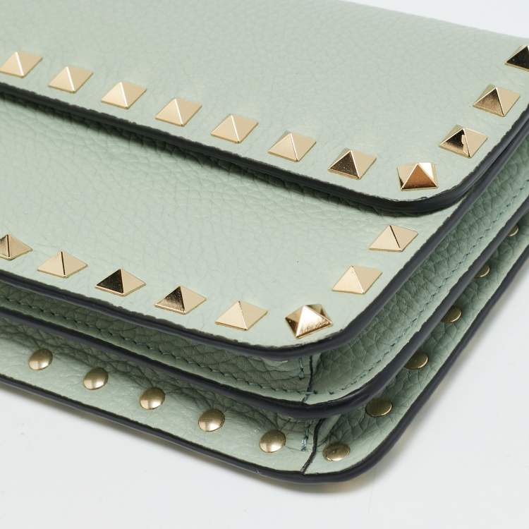 Pre Owned Valentino Rockstud Light Green Leather Wallet On Chain