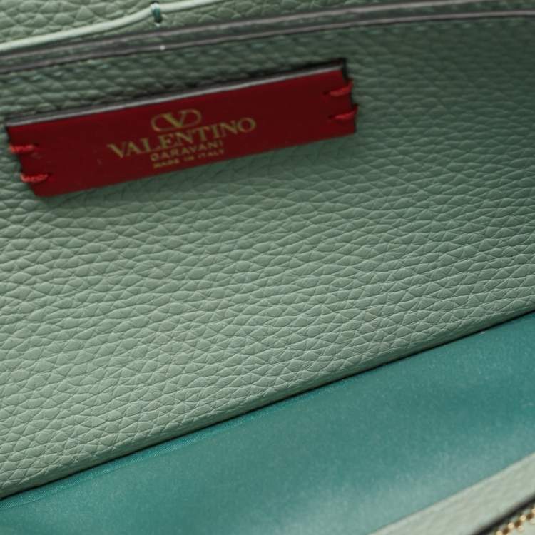 Pre Owned Valentino Rockstud Light Green Leather Wallet On Chain