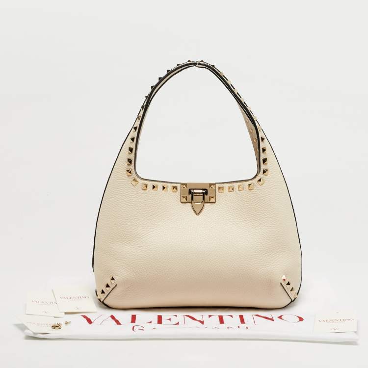 Pre Owned Valentino Rockstud Cream Leather Hobo