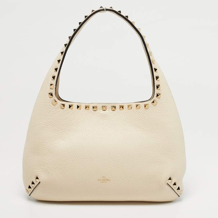 Pre Owned Valentino Rockstud Cream Leather Hobo