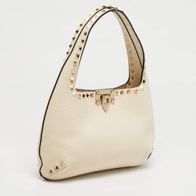 Pre Owned Valentino Rockstud Cream Leather Hobo