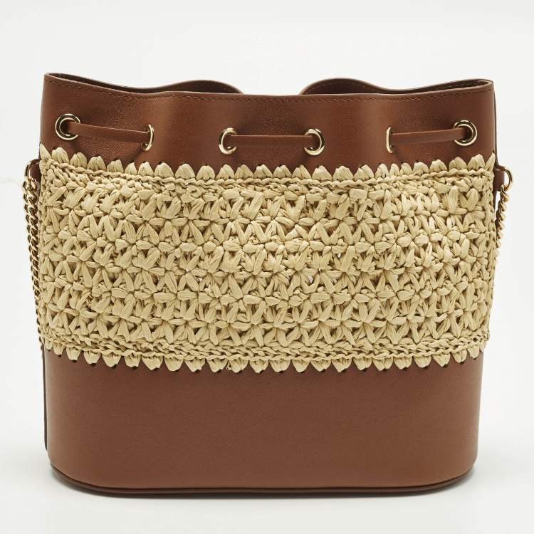 Pre Owned Valentino VLogo Mini Beige/Brown Raffia and Leather and Bucket Bag